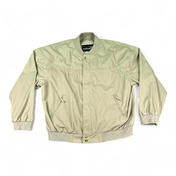 Vintage Windbreaker Jacket Adult XXL 2XL Brown Khaki Tan Piping Zip Buttons 90s - Picture 1 of 9